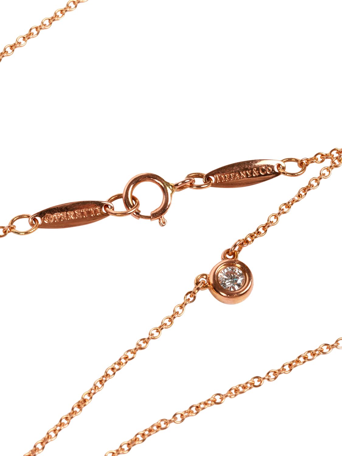 Product image 4 of 5, which shows Pre-loved Tiffany & Co. Elsa Peretti Diamonds by the Yard 18ct Rose Gold Brilliant Cut Solitaire Diamond Pendant Necklace, Rose Gold