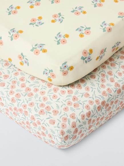 JohnLewis Floral Ditsy Fitted Cot Sheets, Pack of 2, Pink, Pink