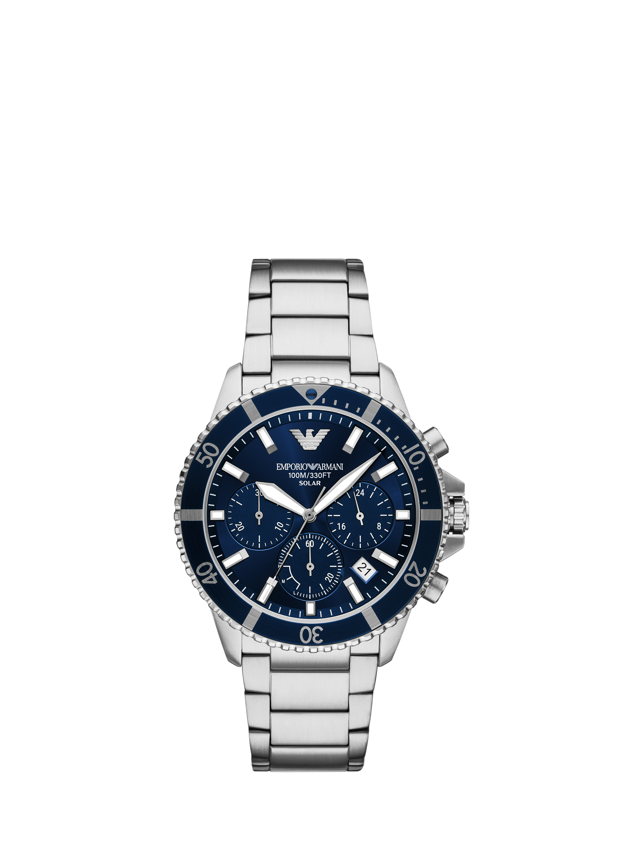 Product image 1 of 6, which shows Emporio Armani AR11681 Men's World Explorer Solar-Powered Chronograph Bracelet Strap Watch, Silver