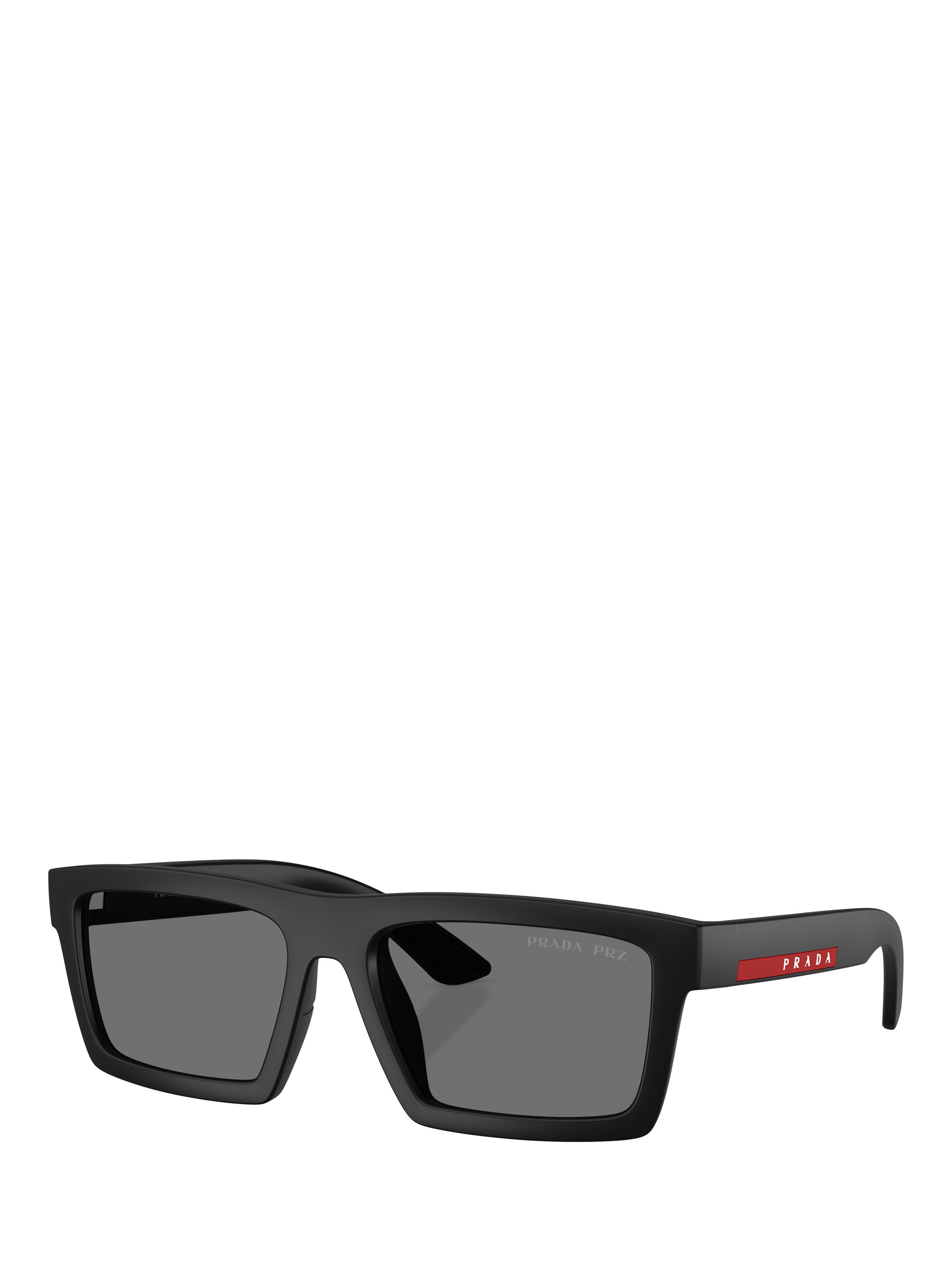 Product image 1 of 5, which shows Prada Prada Linea Rossa PS A07S Men's Polarised Rectangular Sunglasses, Black/Grey