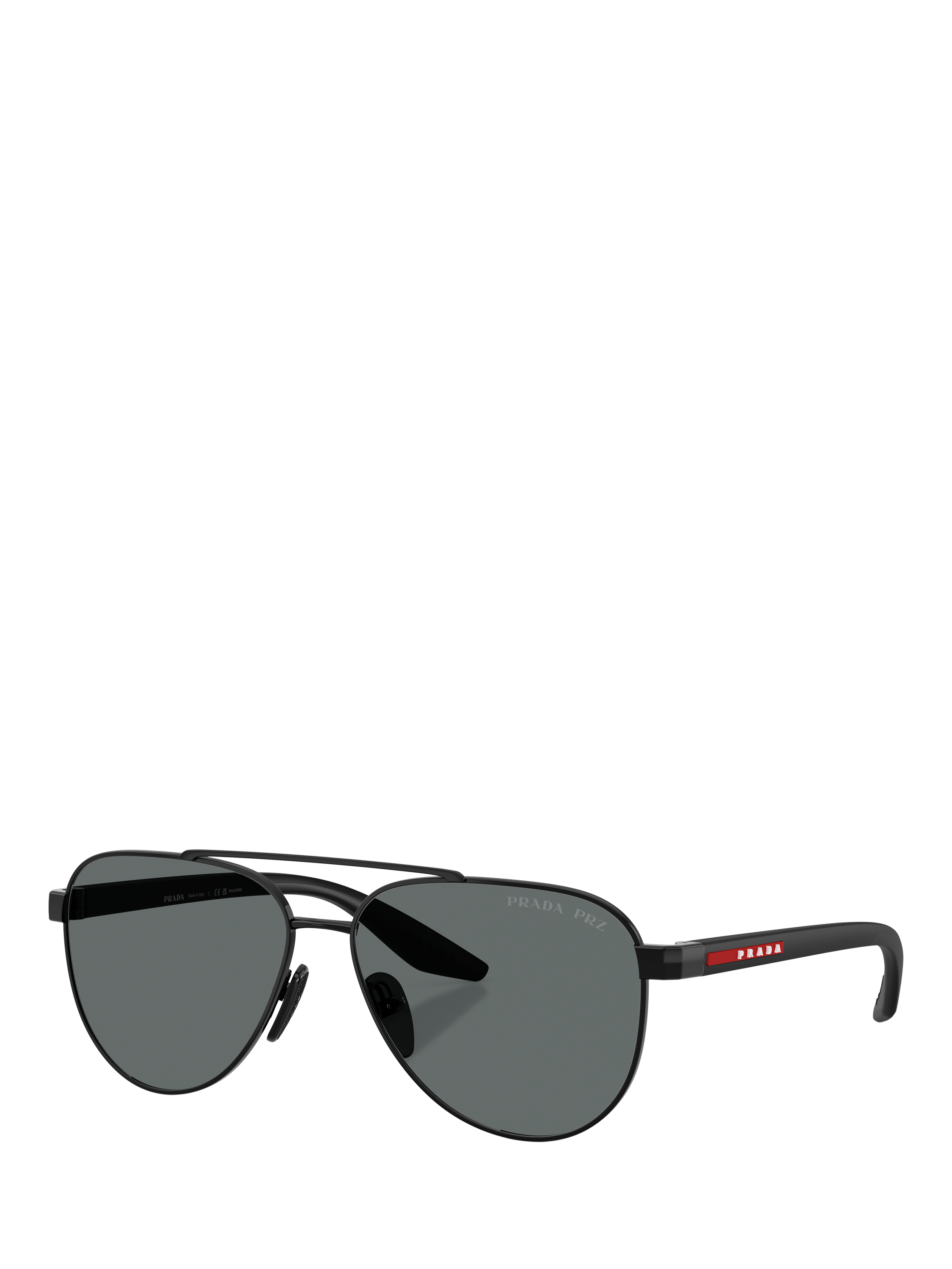 Product image 1 of 5, which shows Prada Prada Linea Rossa PS A52S Men's Polarised Aviator Sunglasses, Black/Grey