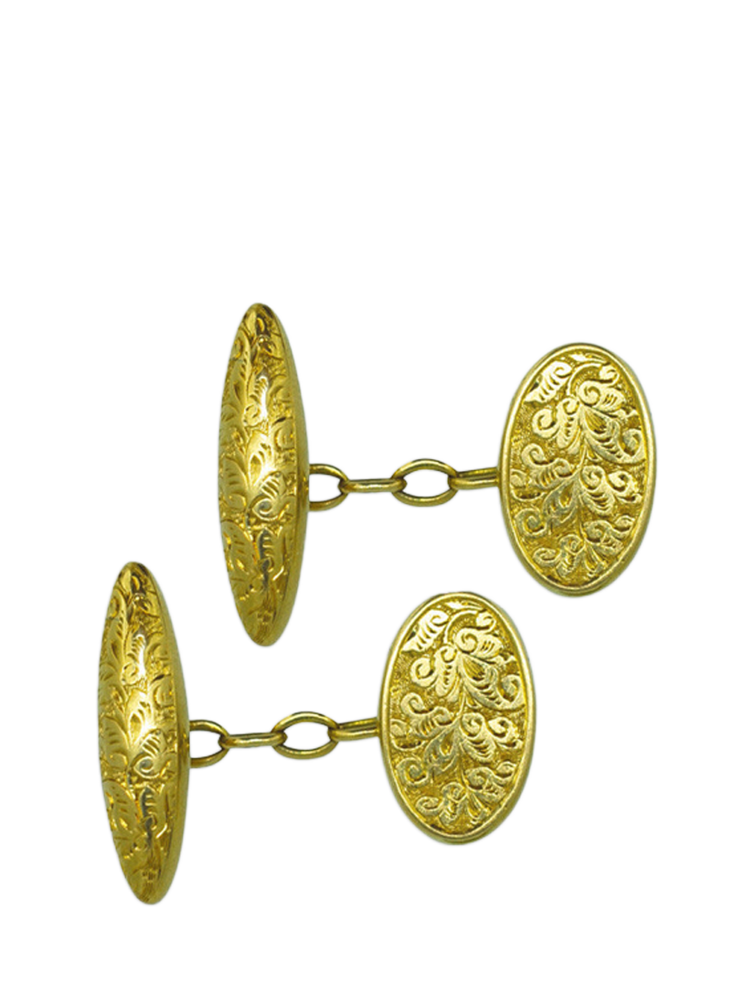 Vintage Fine Jewellery Pre-Loved 18ct Yellow Gold Engraved Oval Cufflinks, Dated Birmingham 1902