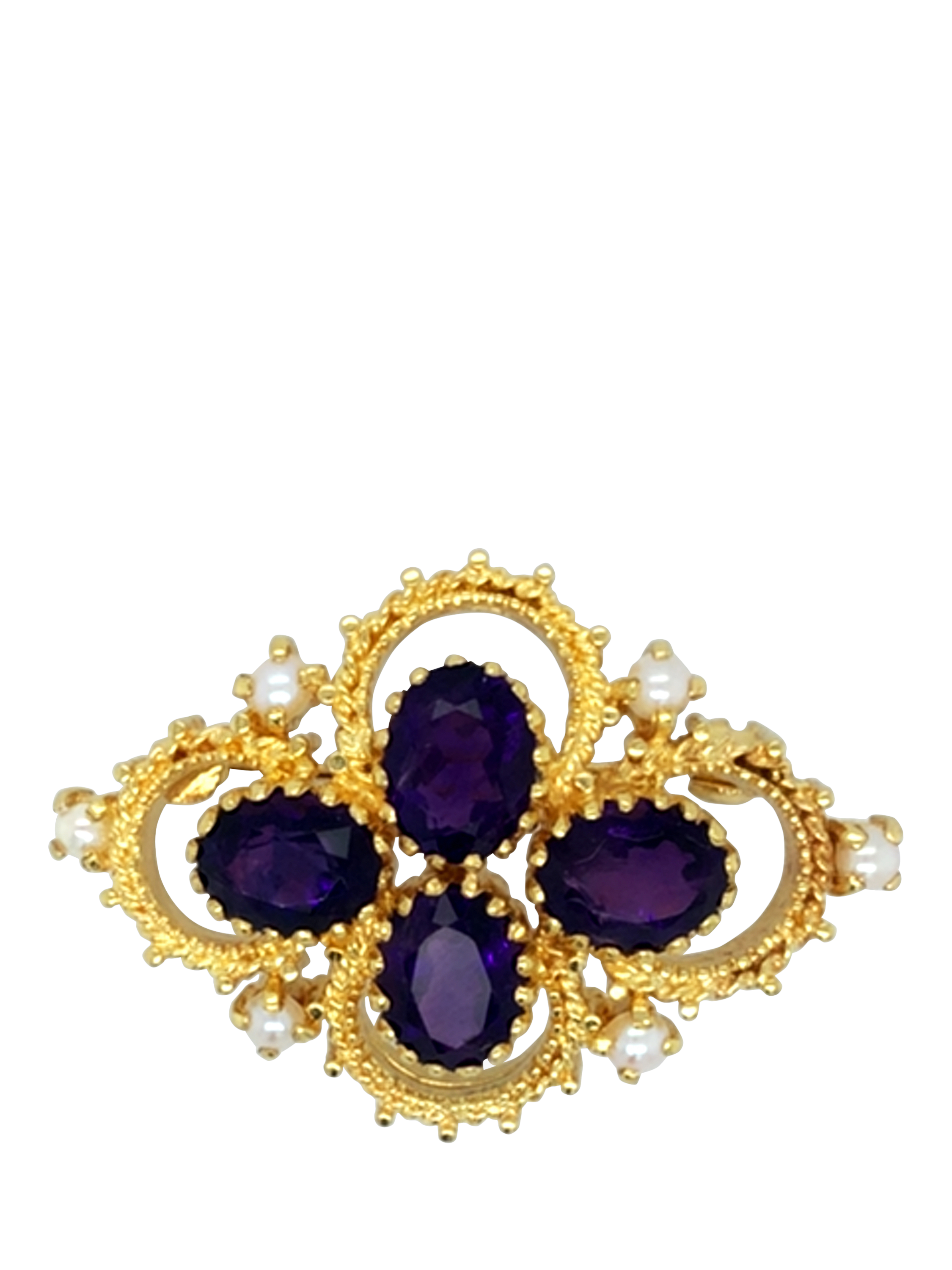 Vintage Fine Jewellery Pre-Loved 9ct Yellow Gold Amethyst and Pearl Brooch, Dated London 1974