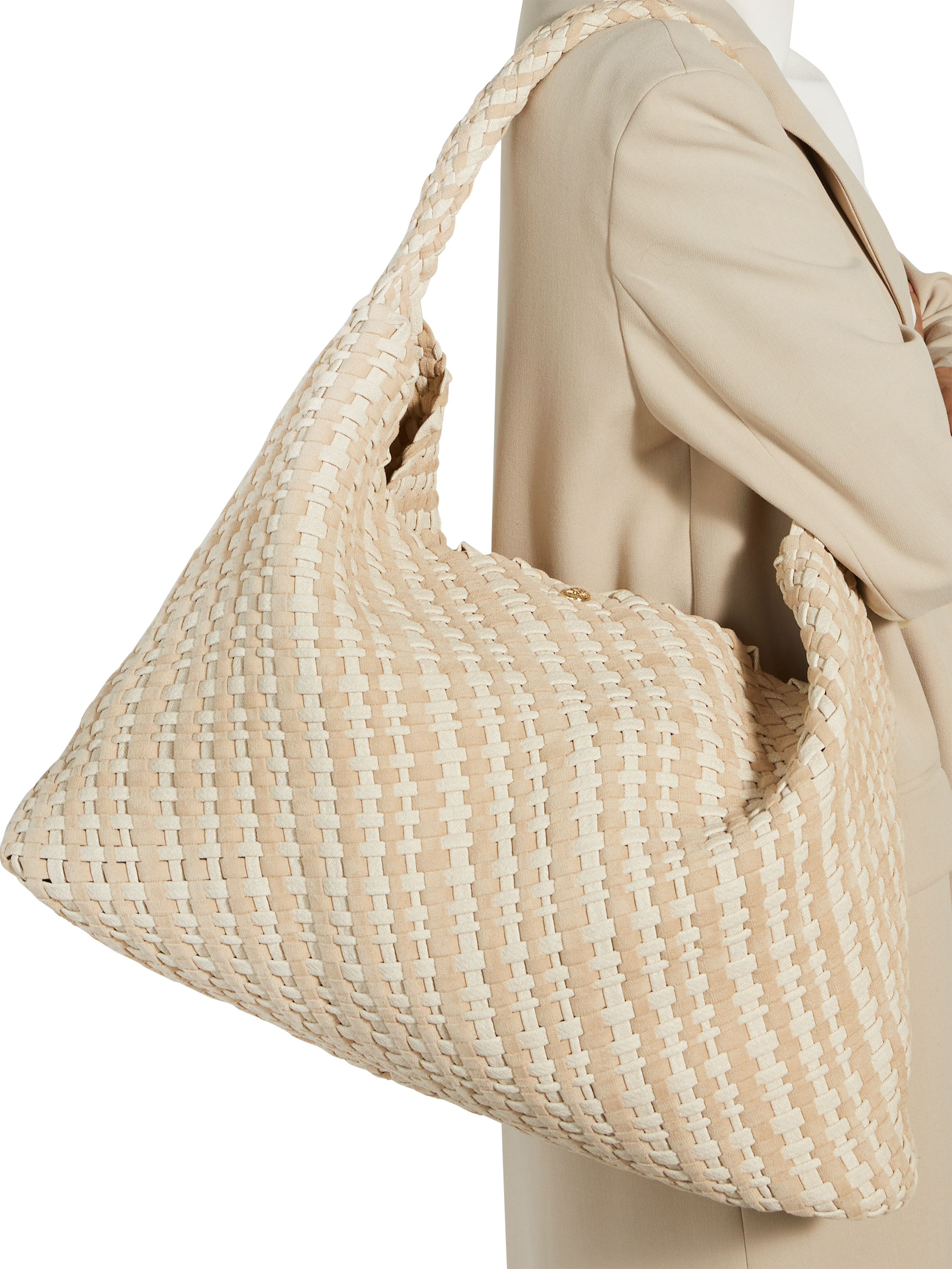 Product image 3 of 5, which shows Dune London Deliberate XL Woven Shoulder Bag, Cream
