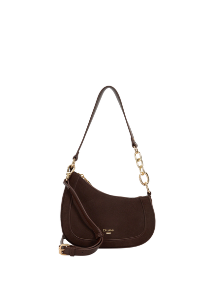 Dune London Direction Asymmetric Chain Detail Suede Shoulder Bag, Dark Brown