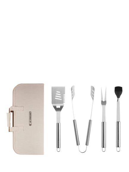 Le Creuset BBQ Outdoor Stainless Steel BBQ Utensils with Carry Bag, Set of 4, Black