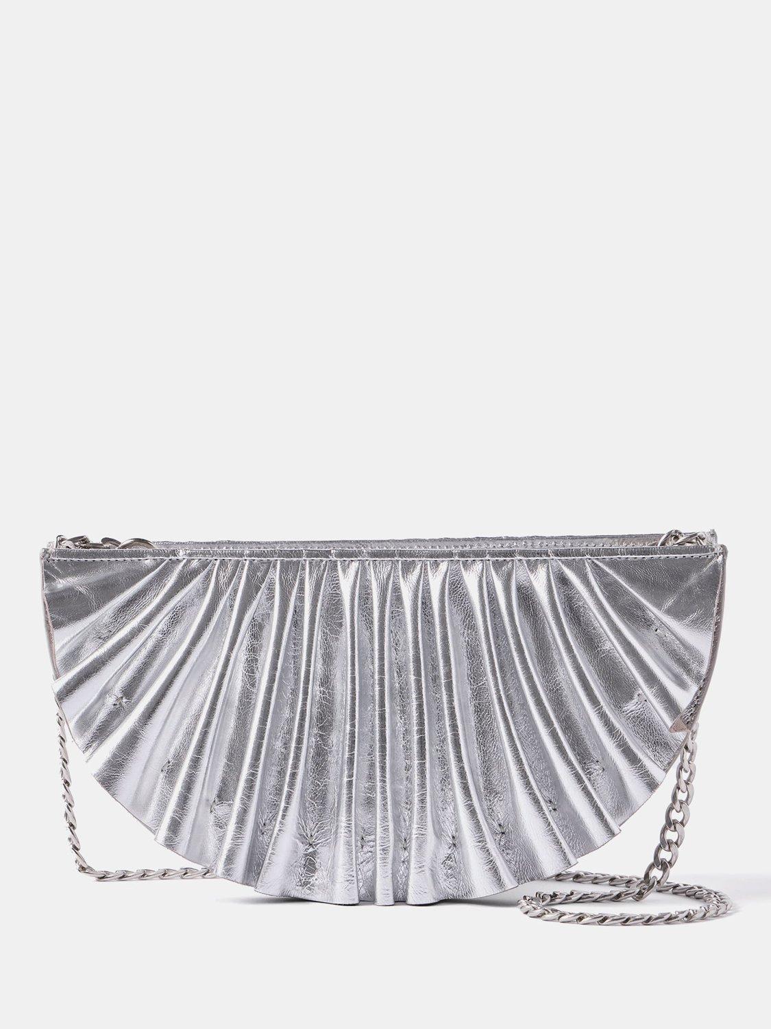 Product image 1 of 4, which shows Mint Velvet Metallic Leather Pleated Clutch Bag, Silver