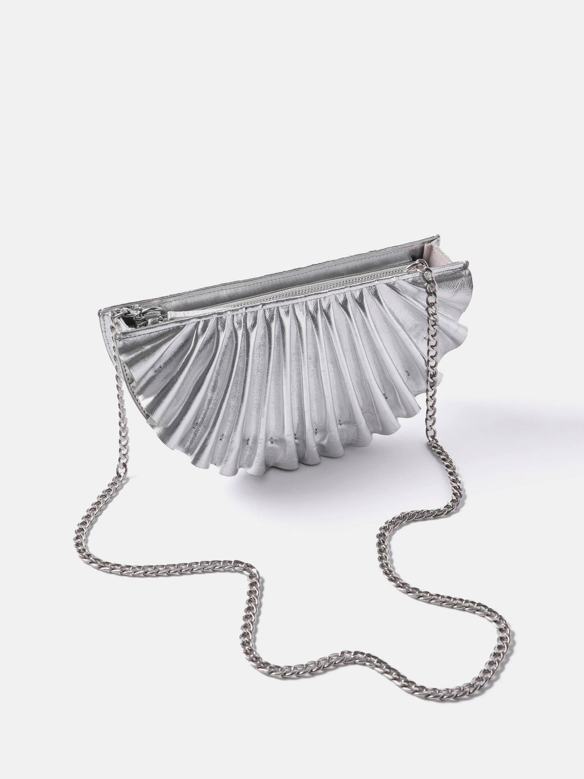 Product image 2 of 4, which shows Mint Velvet Metallic Leather Pleated Clutch Bag, Silver