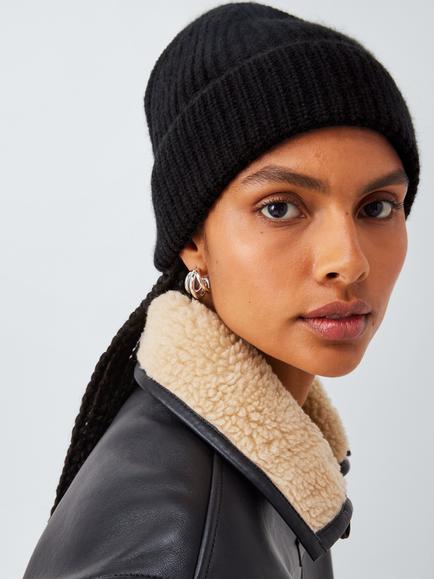John Lewis Cashmere Rib Knit Beanie Hat, Black