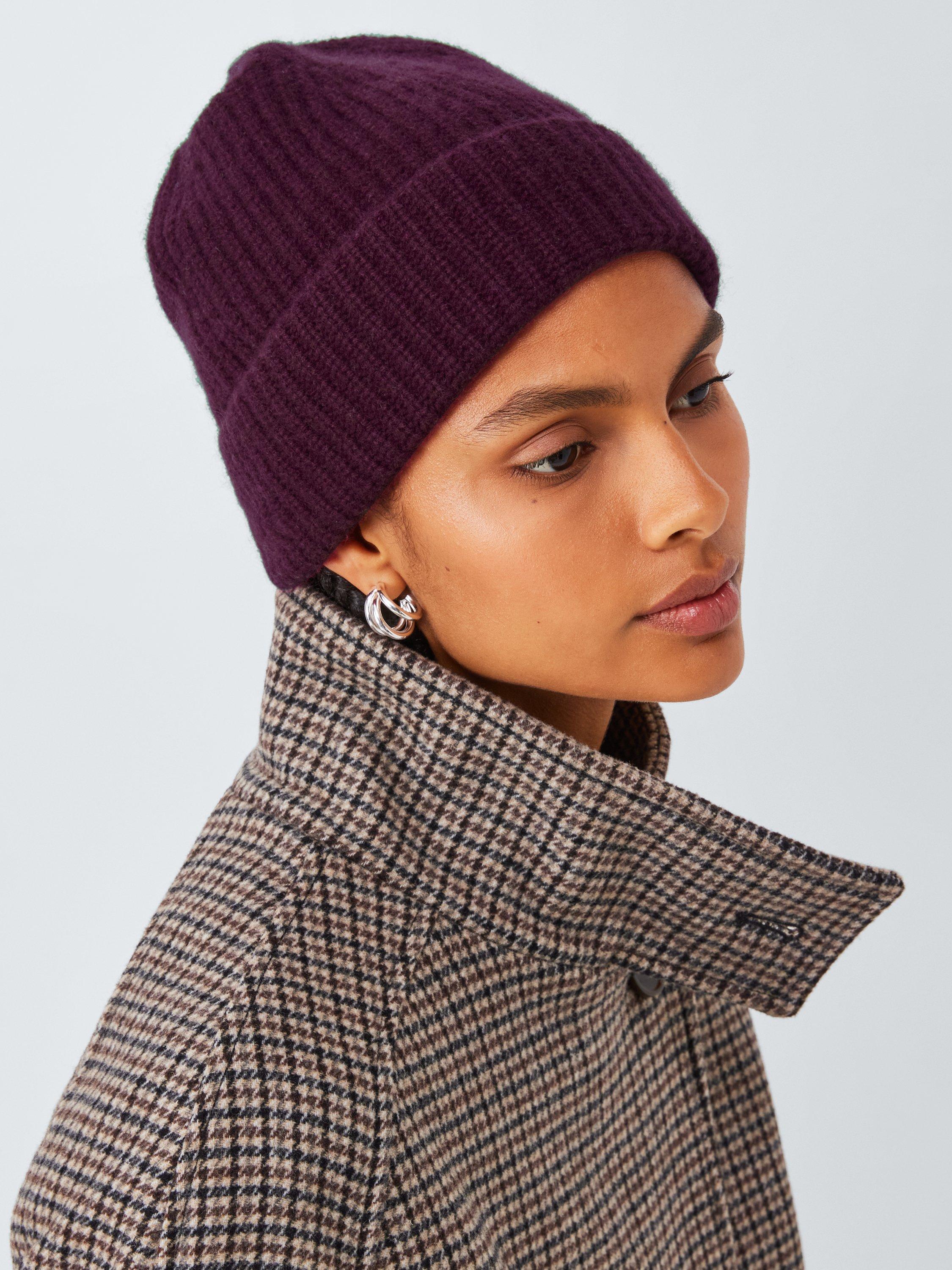 Product image 1 of 5, which shows John Lewis Cashmere Rib Knit Beanie Hat, Berry