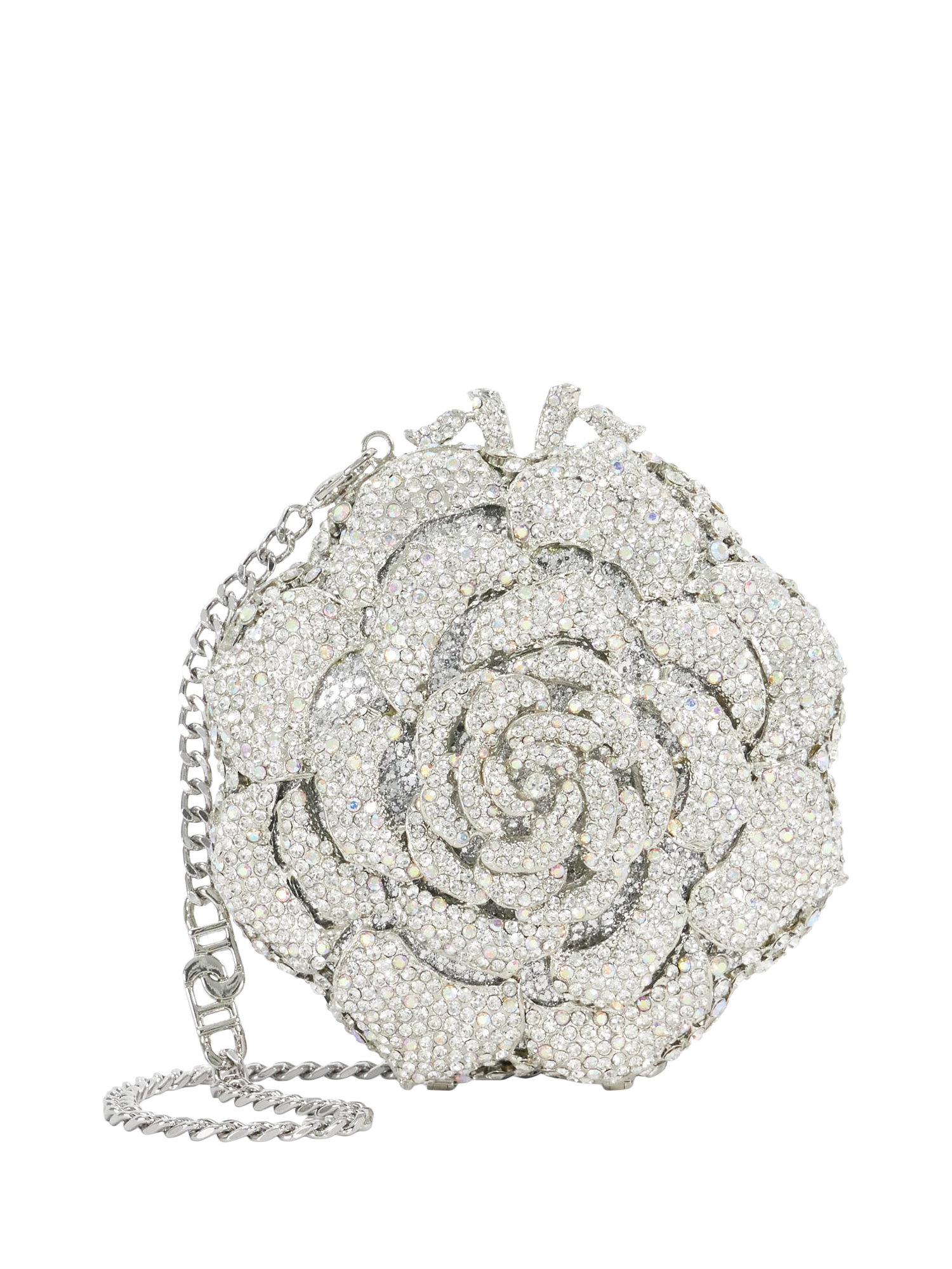 Product image 1 of 5, which shows Dune Bling Diamante Flower Clutch Bag, Silver