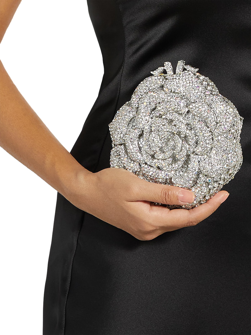 Product image 2 of 5, which shows Dune Bling Diamante Flower Clutch Bag, Silver