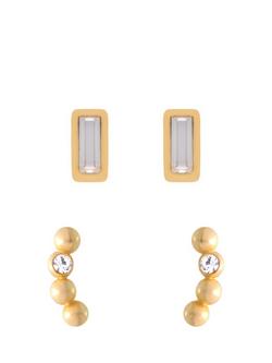 Reiss Mina Micro Baguette & Curved Crystal Stud Earrings Set, Gold, Gold