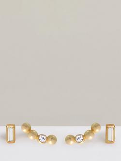 Reiss Mina Micro Baguette & Curved Crystal Stud Earrings Set, Gold - view 2, Gold