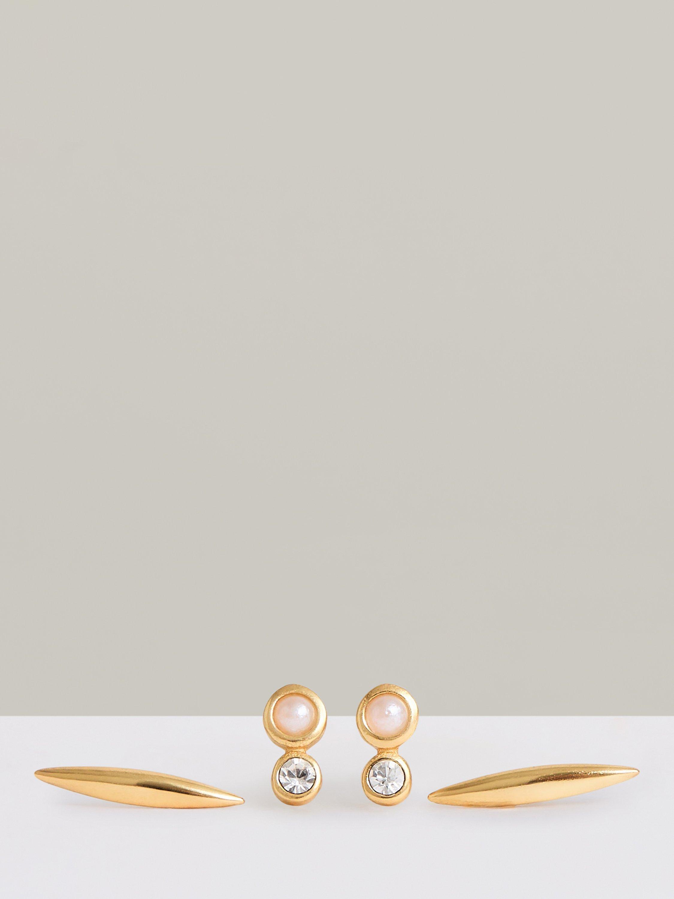 Product image 1 of 6, which shows Reiss Minnie Micro Pearl & Crystal Earrings Set, Gold