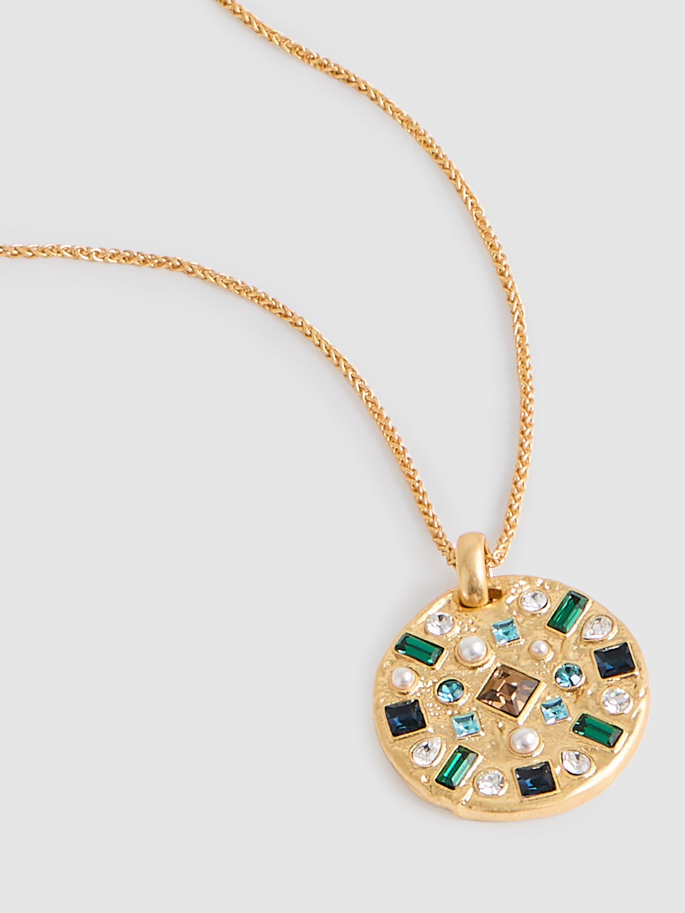 Product image 3 of 6, which shows Reiss Skye Crystal Coin Pendant Necklace, Gold/Multi