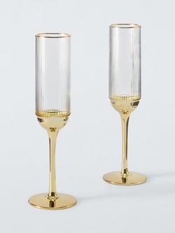 John Lewis Gold Base Ribbed Glass Champagne Flute, Set of 2, 170ml, Gold