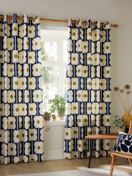 Orla Kiely Abacus Flower Pair Lined Eyelet Curtains, Navy, Navy
