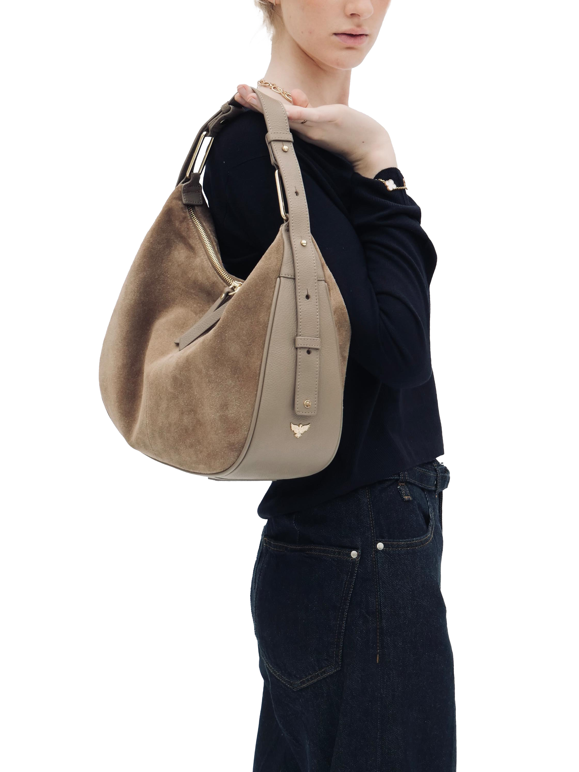 Product image 5 of 6, which shows Apatchy London Charlie Suede Shoulder Bag, Mushroom
