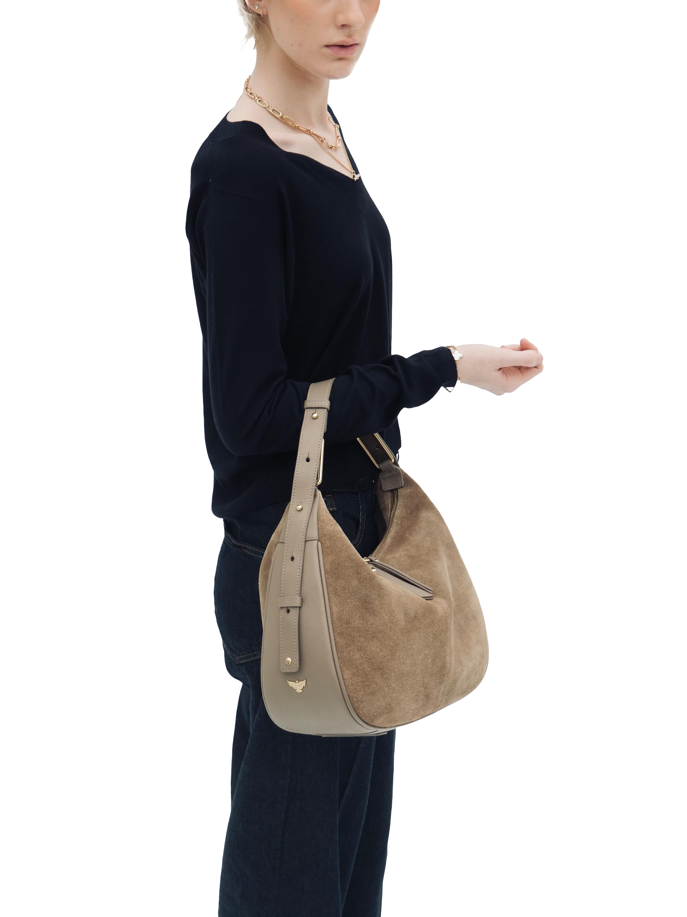 Product image 6 of 6, which shows Apatchy London Charlie Suede Shoulder Bag, Mushroom