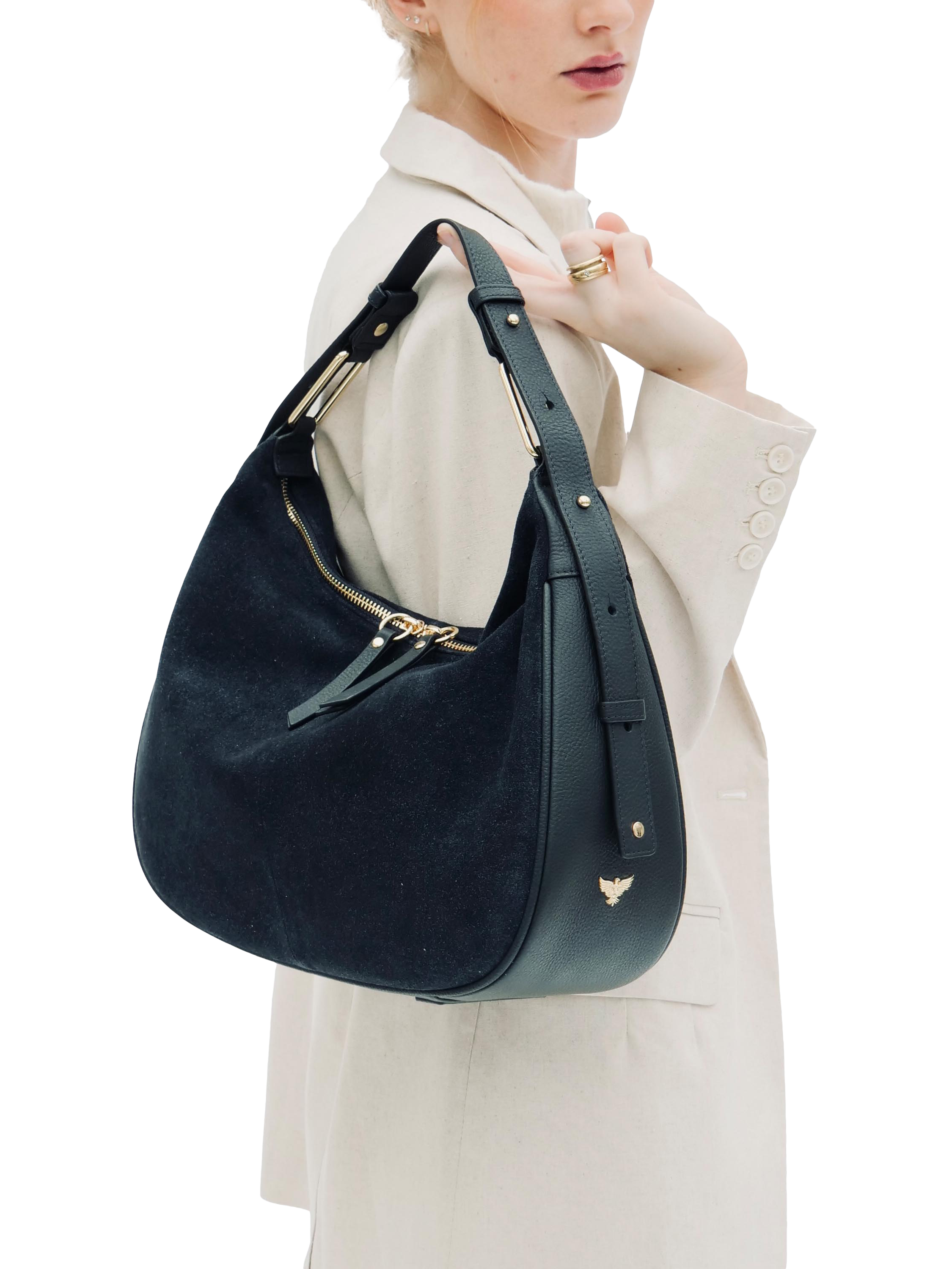 Product image 5 of 6, which shows Apatchy London Charlie Suede Shoulder Bag, Navy