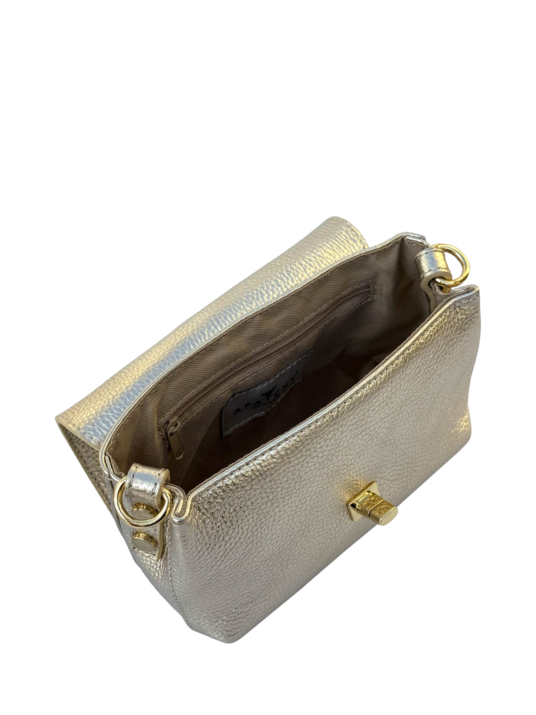 Product image 2 of 6, which shows Apatchy London Leather The Maisie Crossbody Bag, Gold