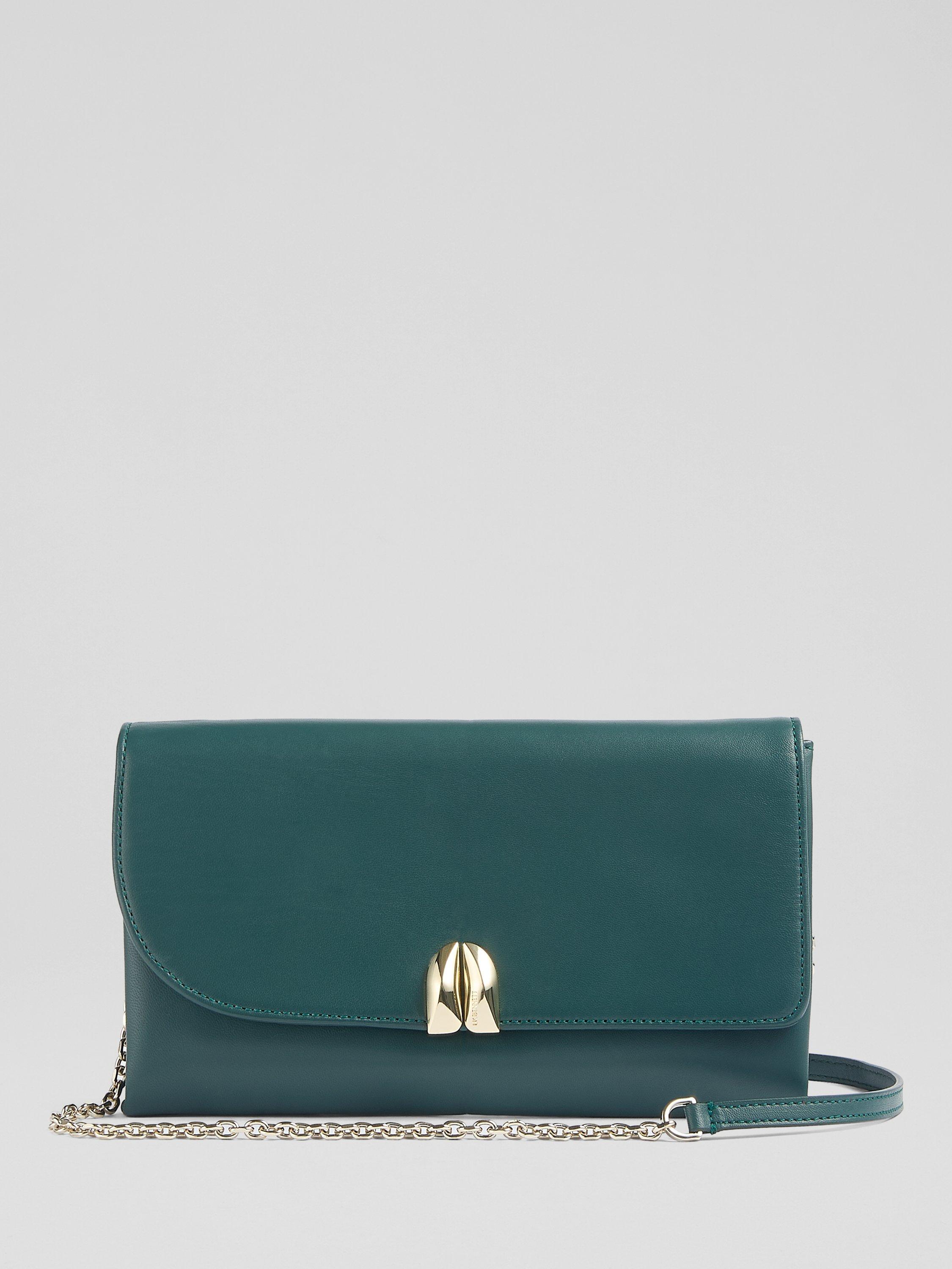 Product image 1 of 3, which shows L.K.Bennett Aria Leather Cluch Bag, Dark Green