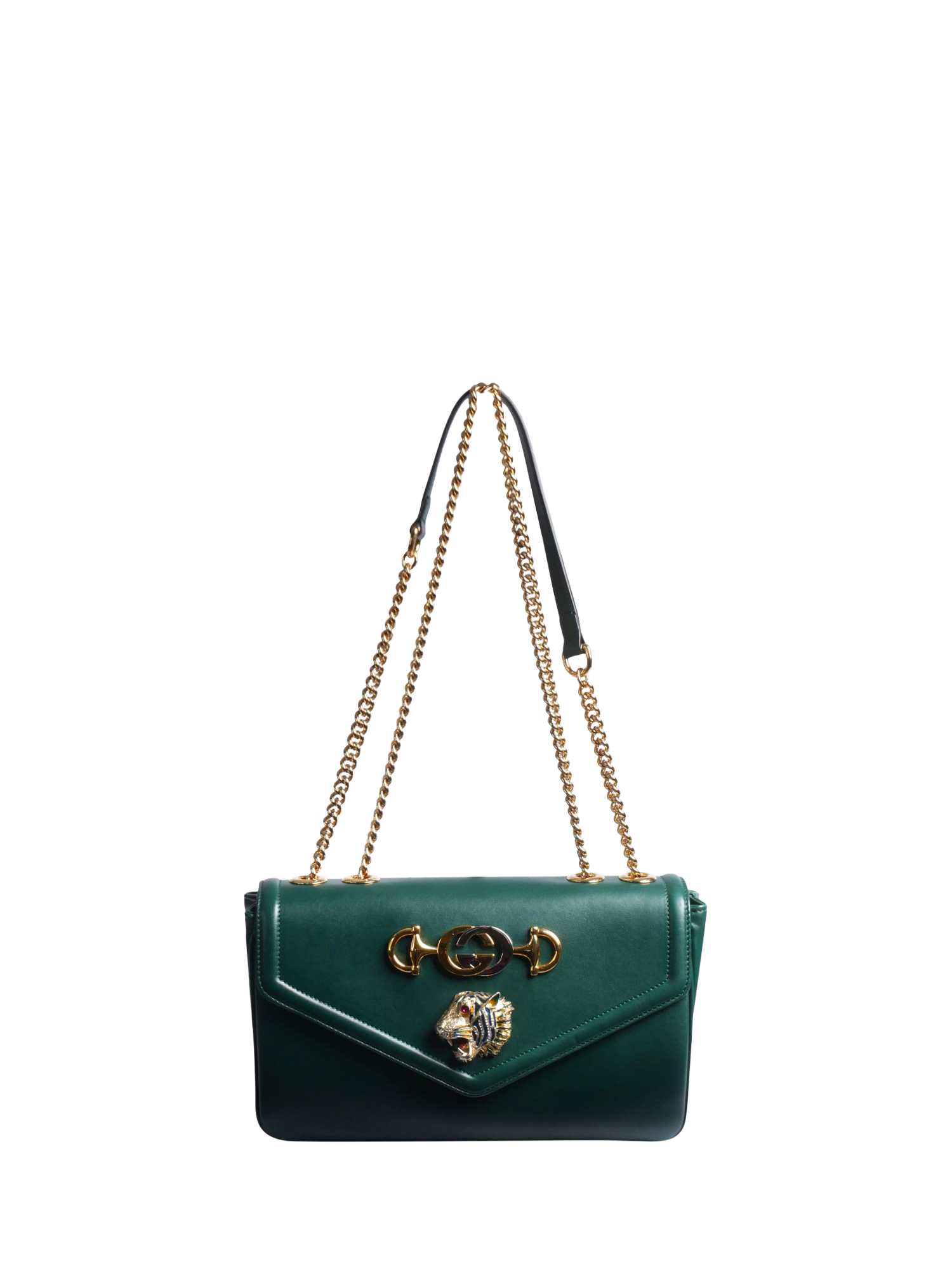 Pre-loved Gucci Rajah Leather Chain Shoulder Bag, Dark Green
