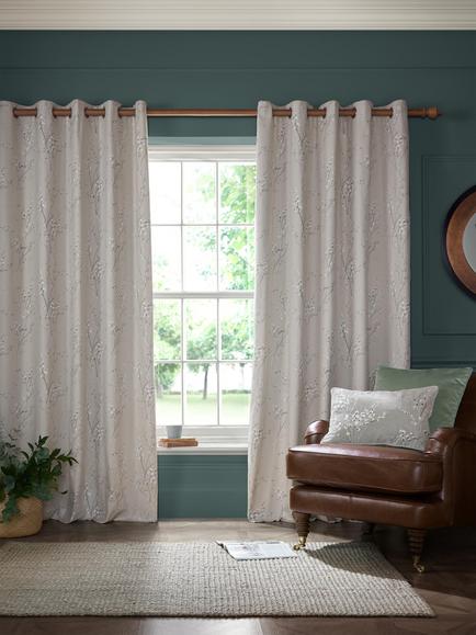 Laura Ashley Pussy Willow Pair Lined Eyelet Curtains, Truffle Natural, Truffle Natural