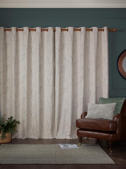 Laura Ashley Pussy Willow Pair Lined Eyelet Curtains, Truffle Natural - view 2, Truffle Natural