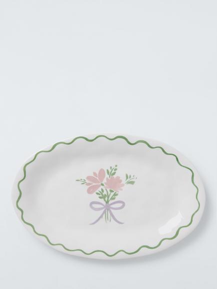 John Lewis Flora Christmas Foliage Fine China Oval Serving Platter, 31cm, White/Multi, White