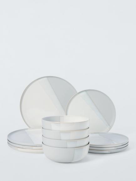 John Lewis Dipped Glaze Stoneware Dinnerware Set, 12 Piece, White/Grey, 