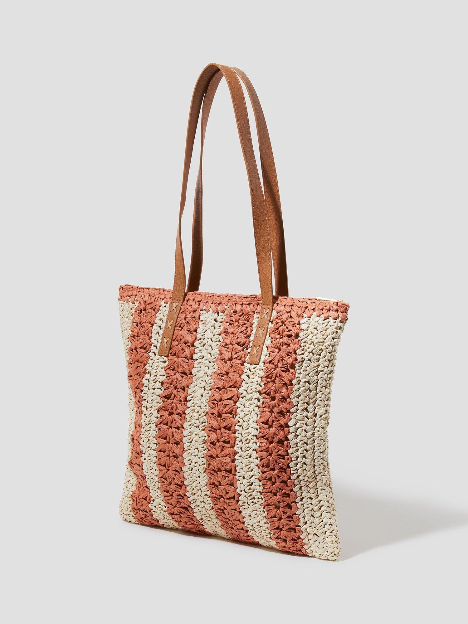 Monsoon Lola Stripe Raffia Crochet Tote Bag, Neutral