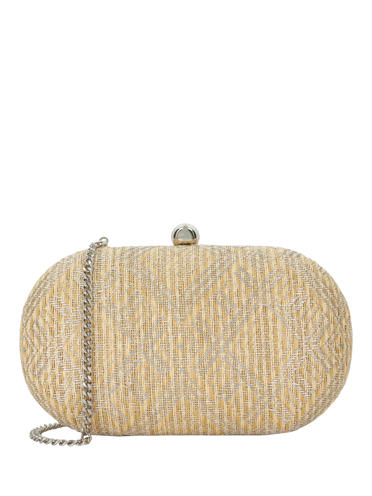 Product image 1 of 5, which shows Dune Extra Metallic Raffia Box Clutch Bag, Silver/Beige