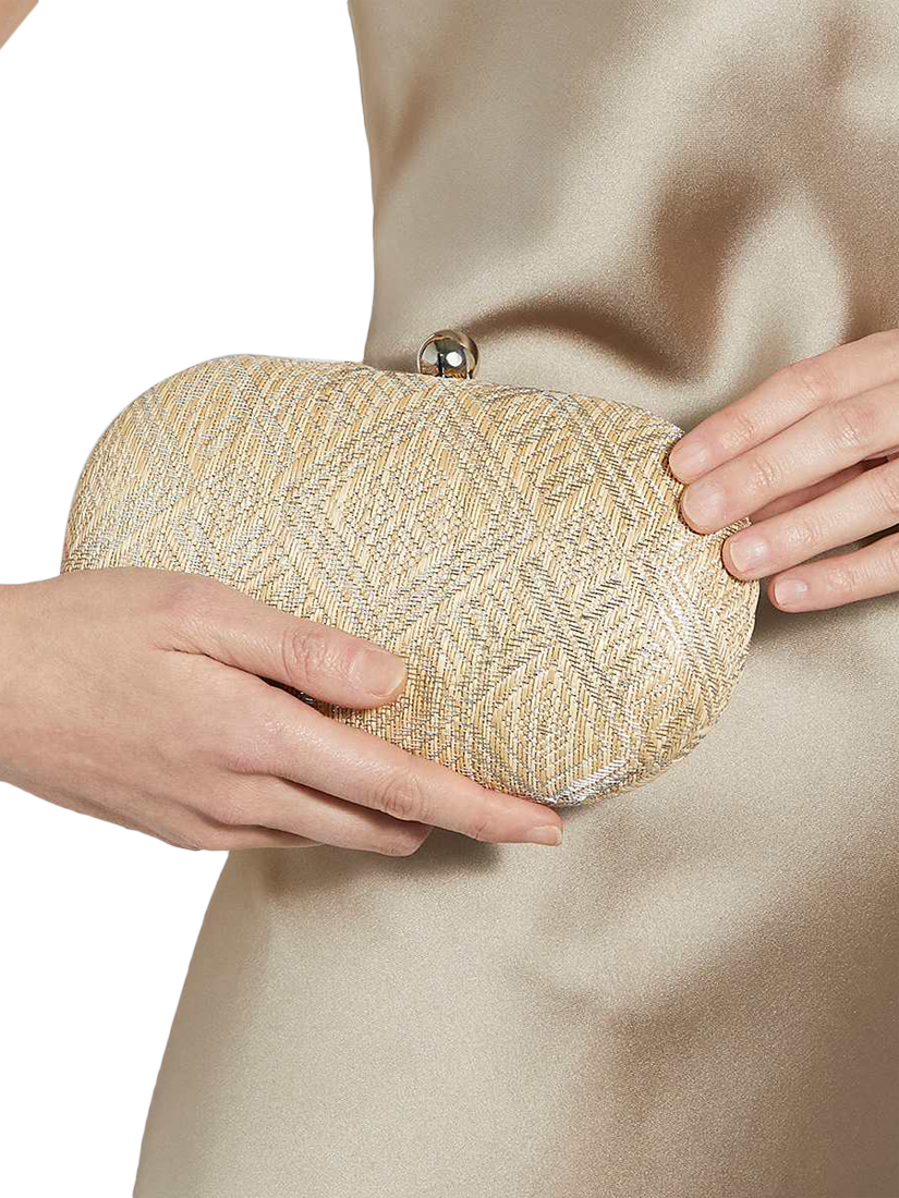 Product image 2 of 5, which shows Dune Extra Metallic Raffia Box Clutch Bag, Silver/Beige