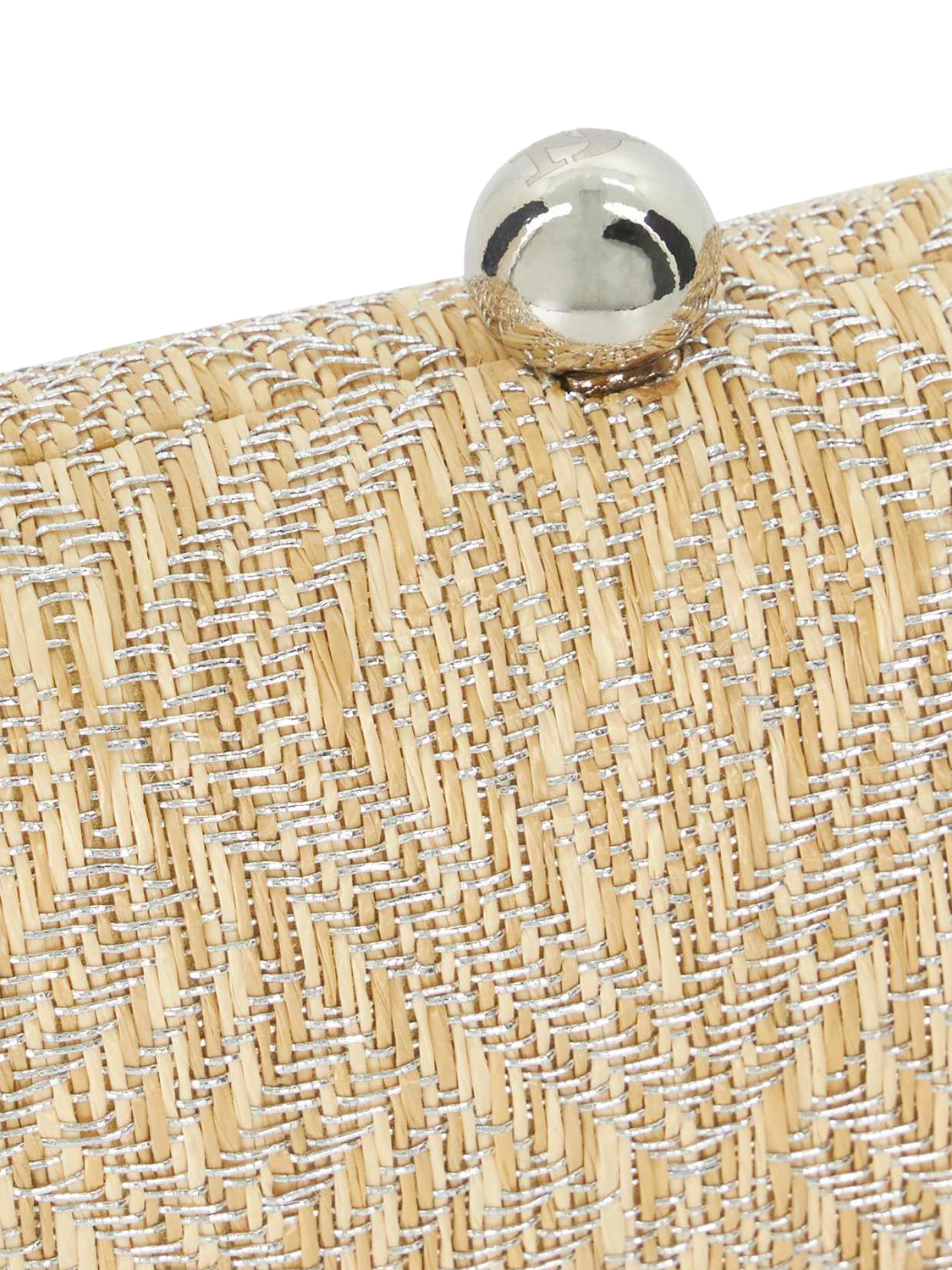 Product image 5 of 5, which shows Dune Extra Metallic Raffia Box Clutch Bag, Silver/Beige