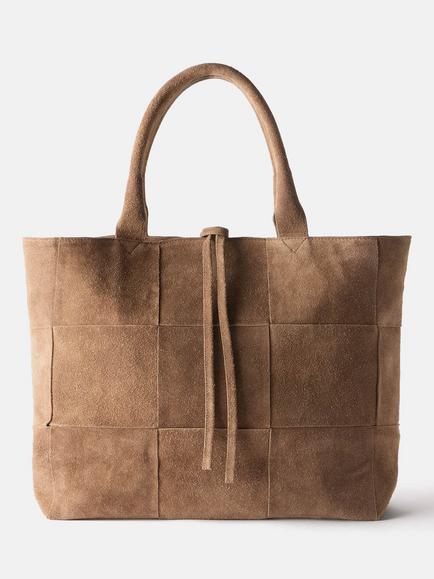 Mint Velvet Suede Patchwork Woven Tote Bag, Tan, Tan