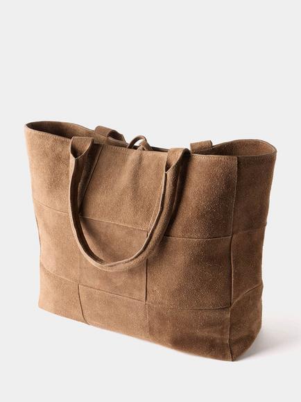 Mint Velvet Suede Patchwork Woven Tote Bag, Tan - view 2, Tan