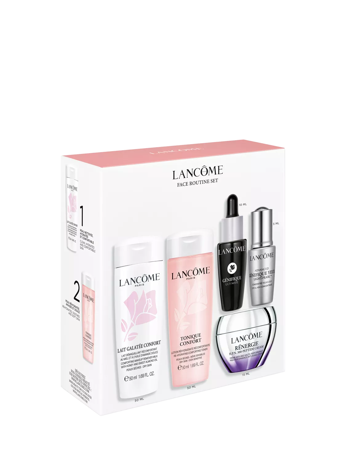 Lancôme face routine set box featuring skincare products, including cleanser, toner, serum, and moisturiser.