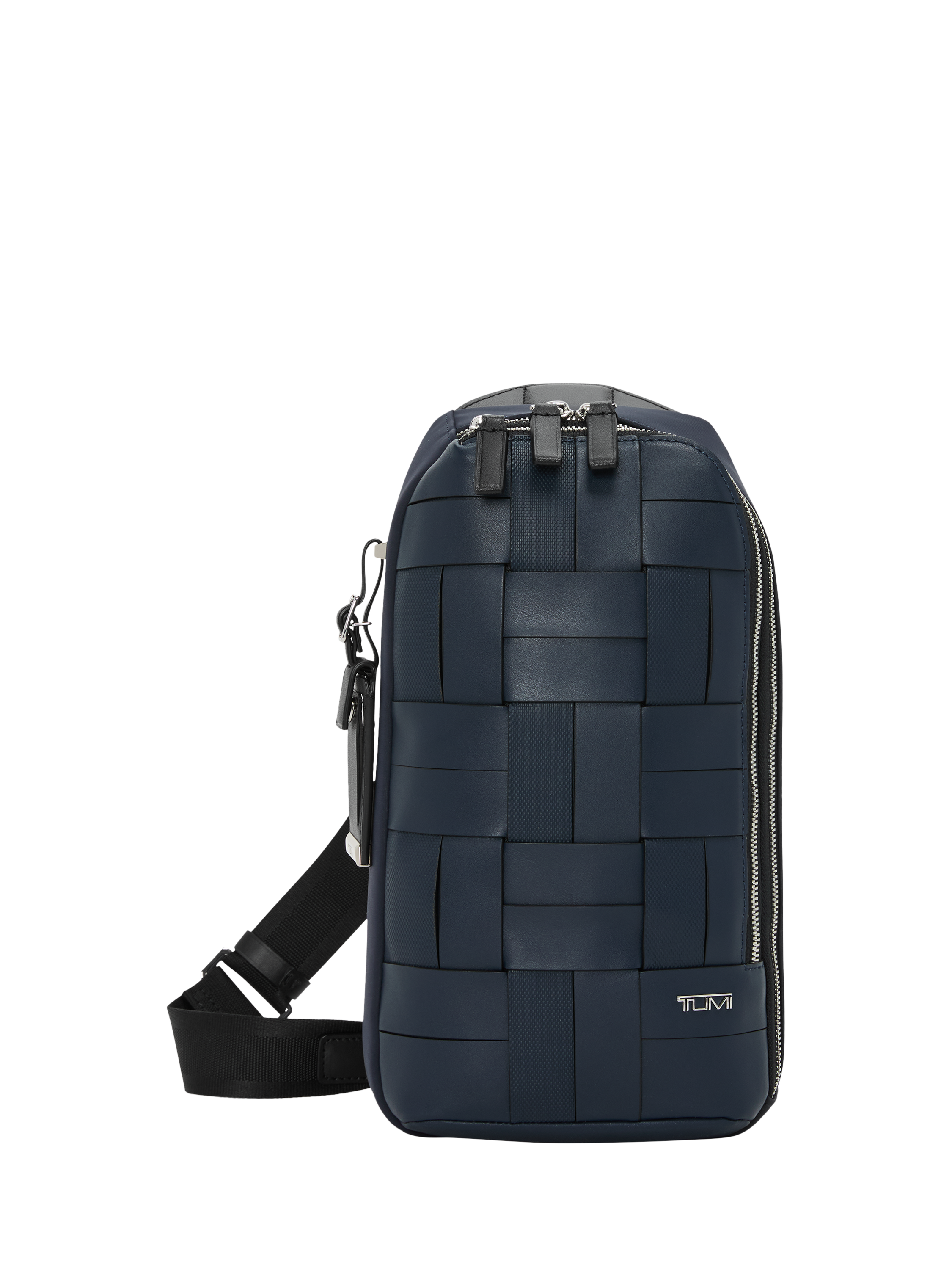 Product image 1 of 4, which shows TUMI Gregory Woven Leather Sling Bag, 12.5L, Navy Woven