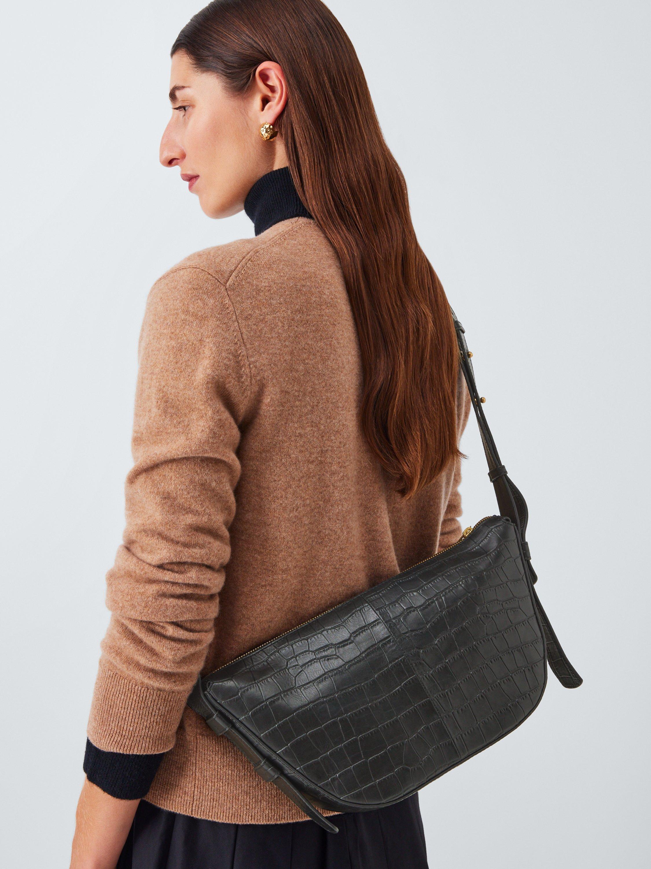 Product image 2 of 6, which shows John Lewis Croc Effect Leather Crossbody Sling Bag, Black