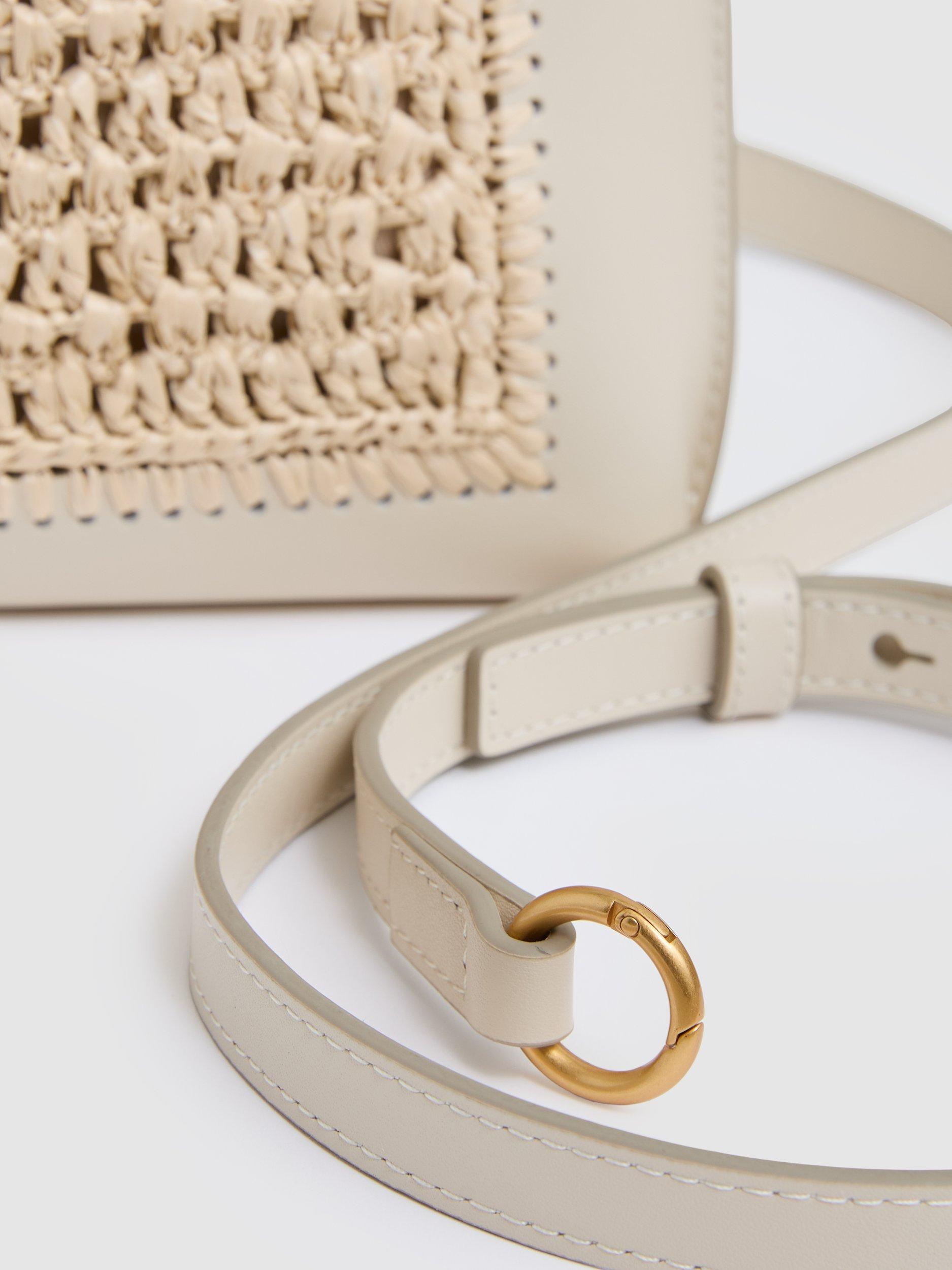 Product image 2 of 5, which shows Reiss Bernice Leather Straw Crossbody Bag, Off White