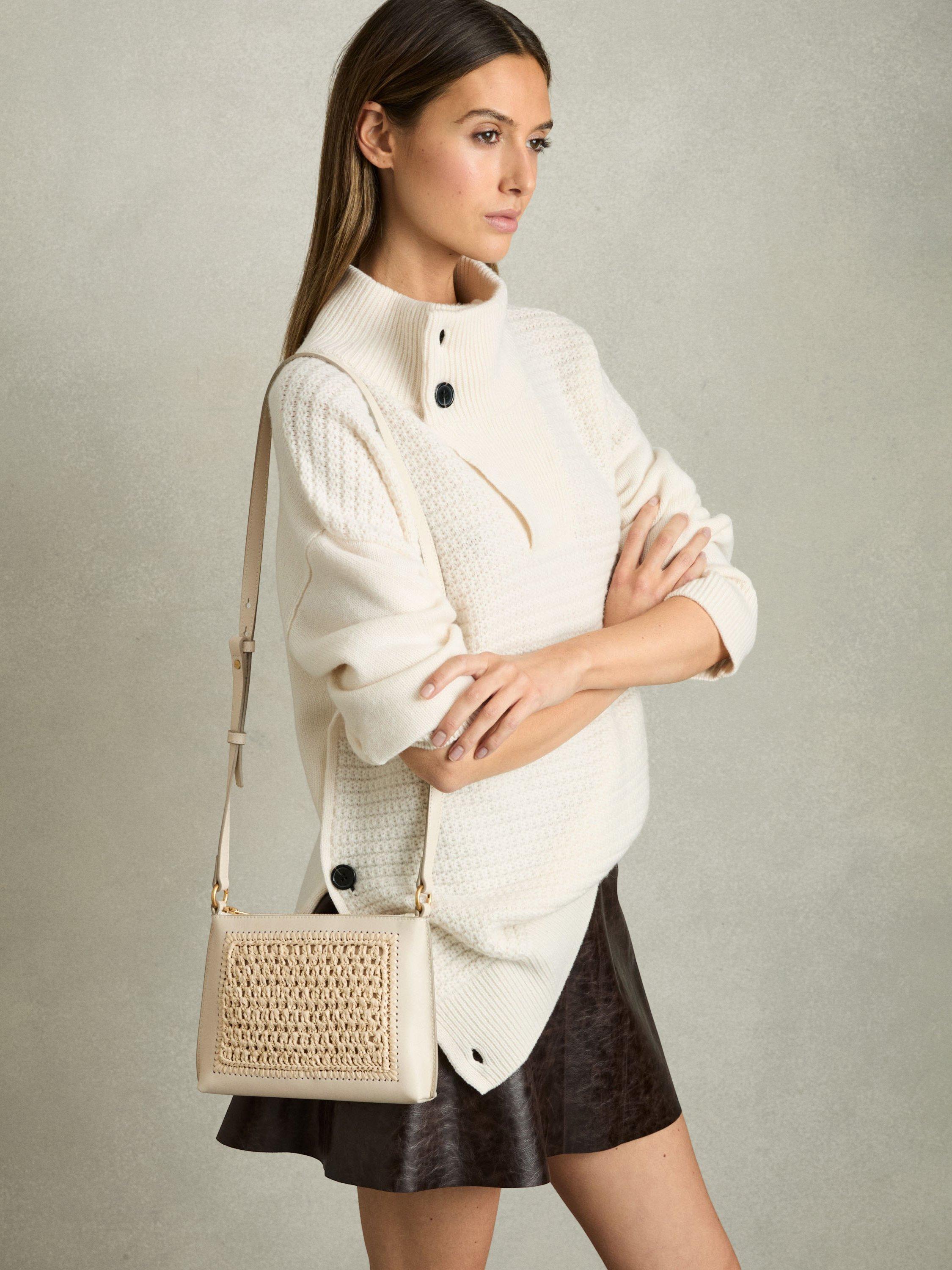 Product image 3 of 5, which shows Reiss Bernice Leather Straw Crossbody Bag, Off White