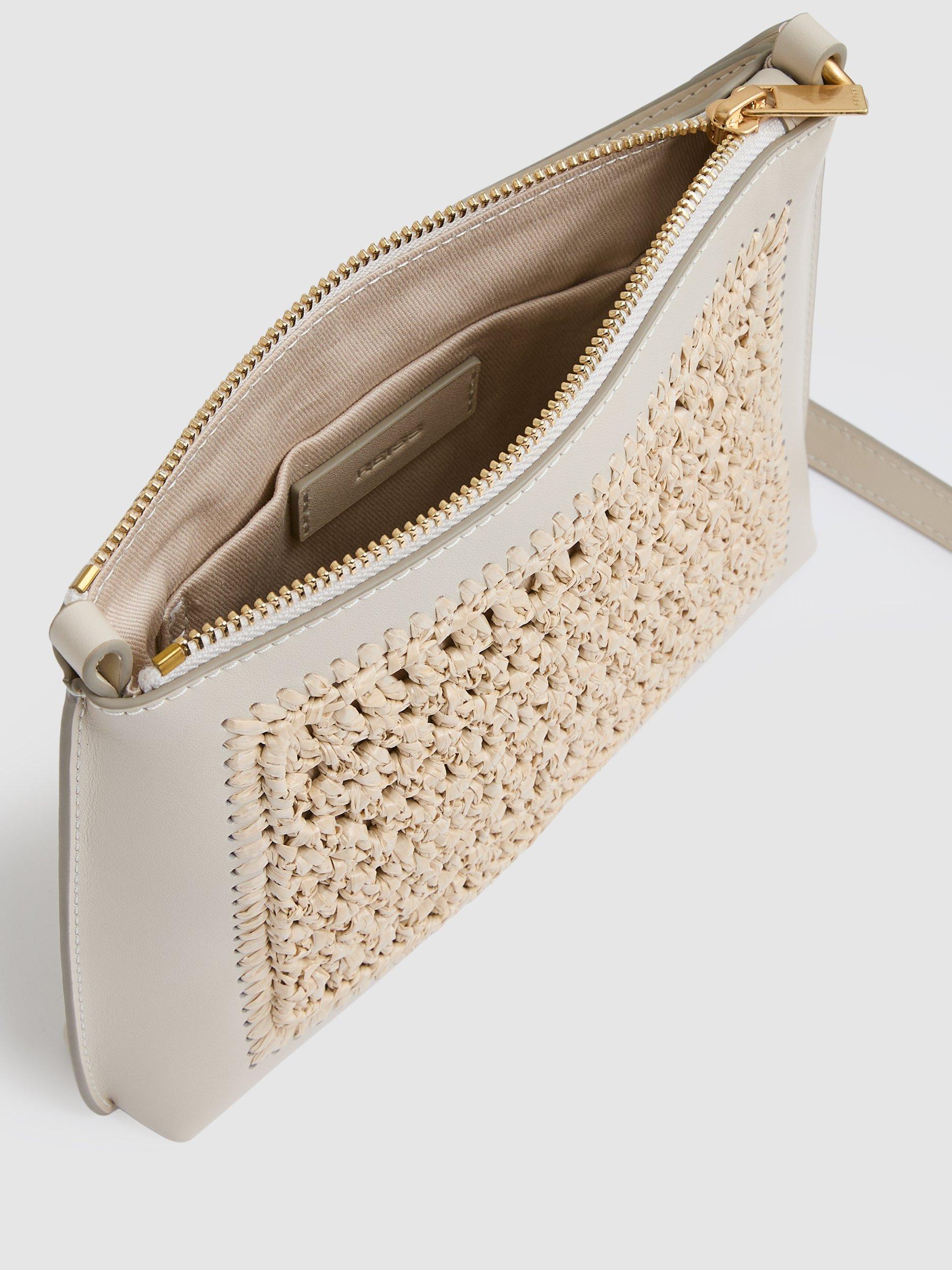 Product image 4 of 5, which shows Reiss Bernice Leather Straw Crossbody Bag, Off White