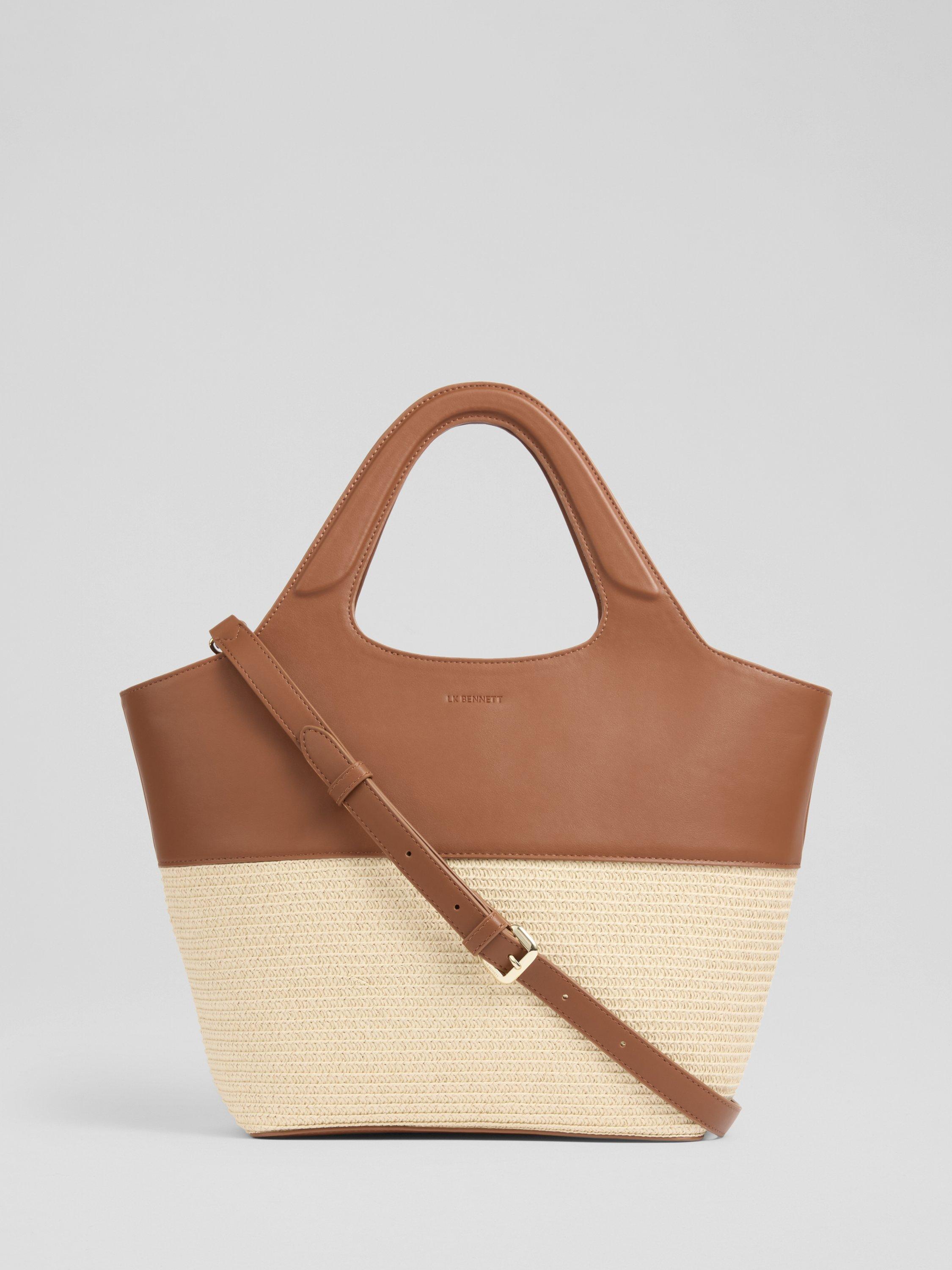 Product image 1 of 3, which shows L.K.Bennett Carly Straw Crossbody Tote Bag, Brown/Cream