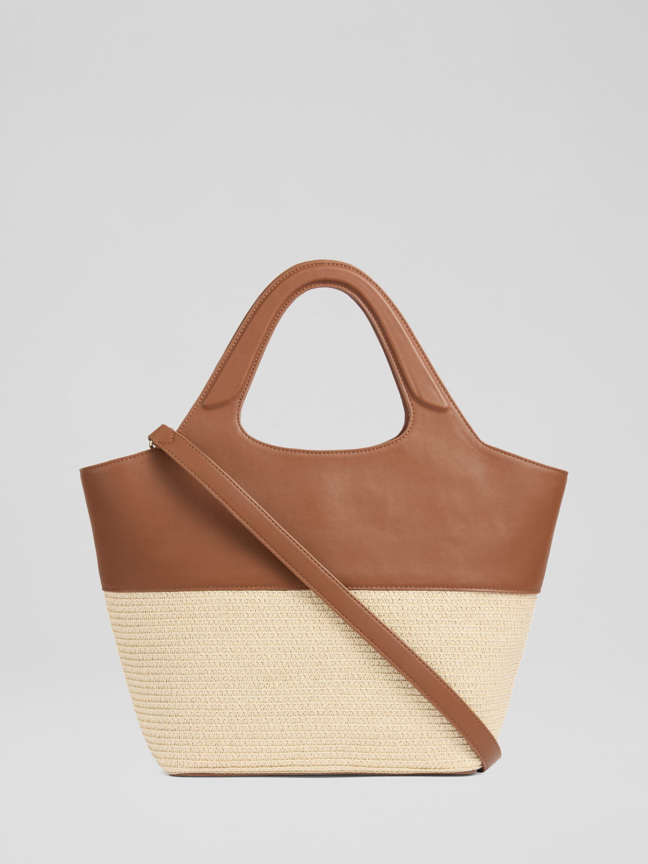 Product image 2 of 3, which shows L.K.Bennett Carly Straw Crossbody Tote Bag, Brown/Cream