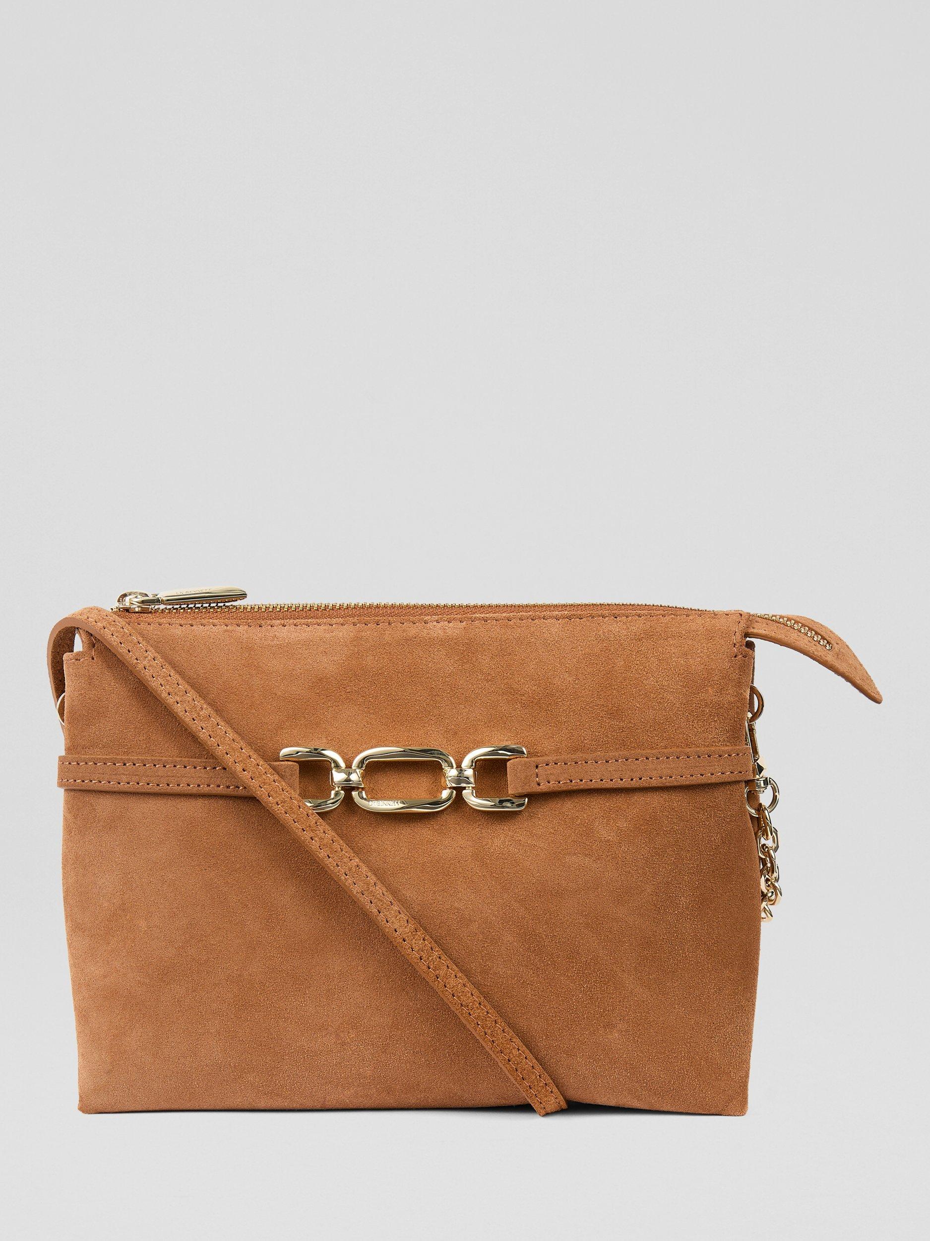 Product image 1 of 3, which shows L.K.Bennett Cleo Suede Slouch Snaffle Clutch Bag, Tan