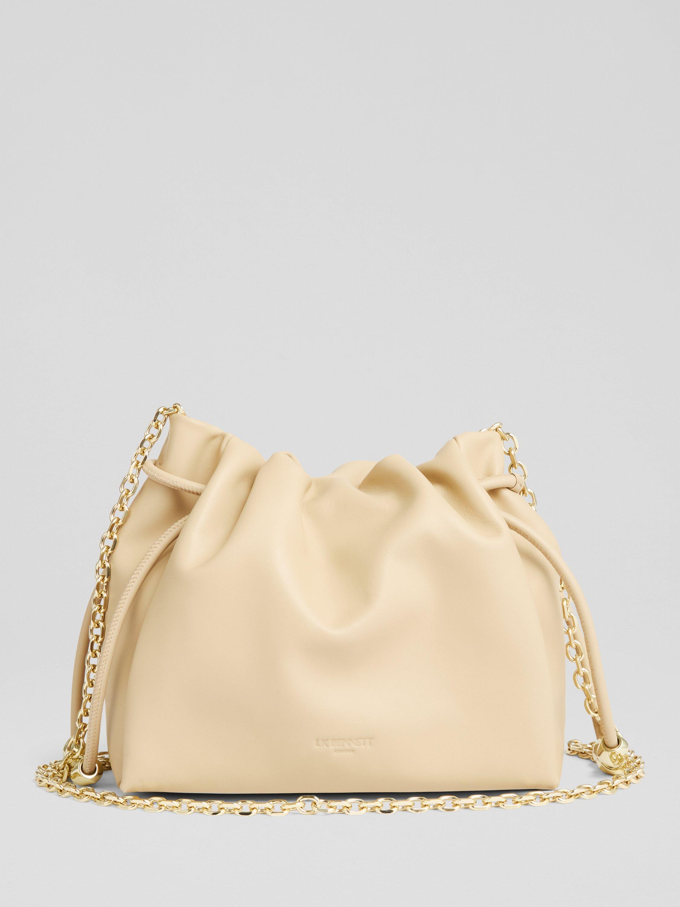 Product image 1 of 3, which shows L.K.Bennett Kendra Beaded Drawstring Leather Crossbody Bag, Light Taupe