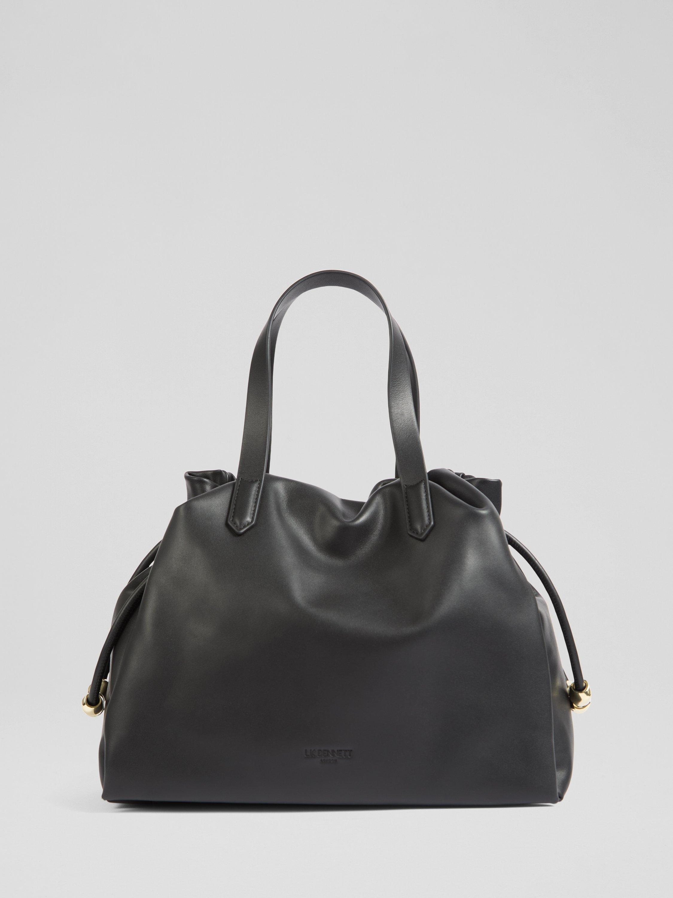 Product image 1 of 3, which shows L.K.Bennett Selina Beaded Drawstring Leather Tote Bag, Black