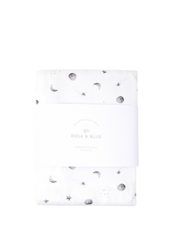 Rosa & Blue Baby Bamboo and Cotton Moon Print Cotbed Fitted Sheet, White, White